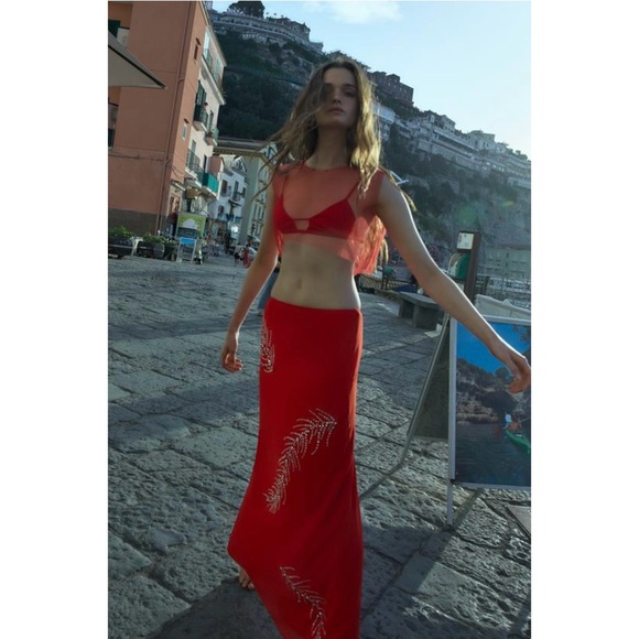 Zara rhinestone embellished draped maxi skirt red - Picture 10 of 11